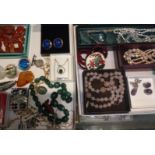 Costume jewellery including semi-precious stone necklaces, earrings and brooches. (two trays)