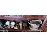 A Helmet Scuttle and Metal Wares including a brass skillet. Davey Lamp etc. (a lot)