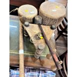 Two Antique Small Tribal Drums, a long rattle, a string instrument, a pair of cymbals, and a