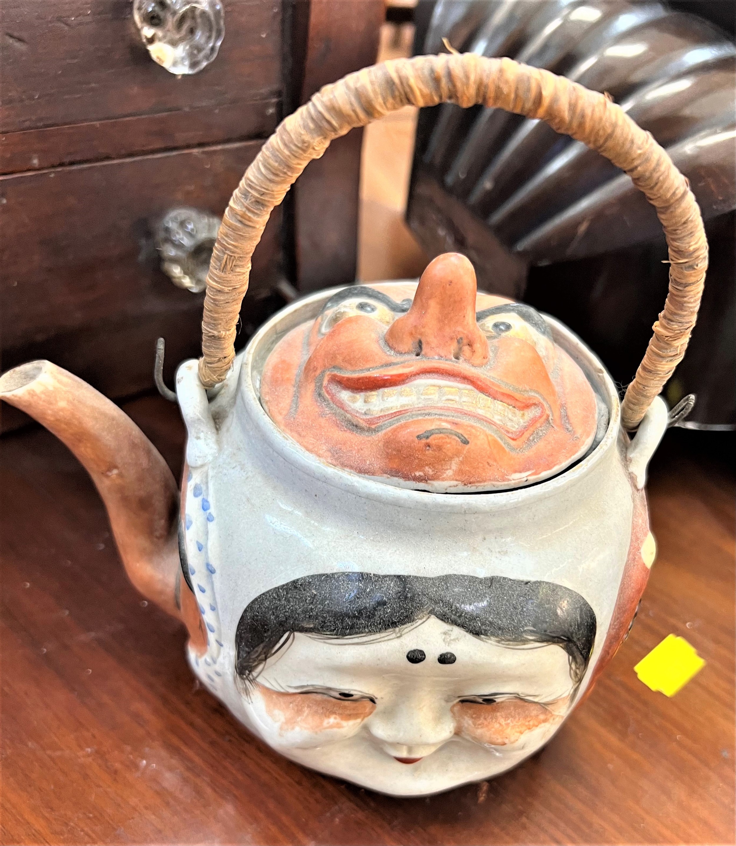 Antique Japanese Banko Pottery Figural Teapot with 5 Noh Mask Faces & Imperial Mark on the Base /