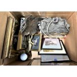 A box and contents, including a lamp in the form of a cottage. Sundry pictures.