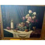 Signed oil painting, still life of fruit, flowers and a drinking vessel