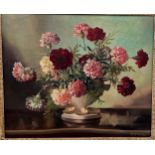 Signed oil painting Victor Hernandez 1956 depicting carnations in a white bowl. 49cm x 59cm