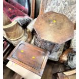 An Antique Wooden Box and an Asian hardwood carved Table. (2) provenance 80 Rose Street Wokingham.