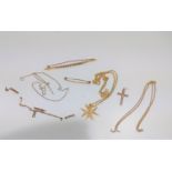 A collection of 9ct gold including a pearl set bar brooch, a gold cross and a Maltese Cross with