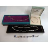Silver necklace with inset stone design together with three small silver bracelets set with boxes.