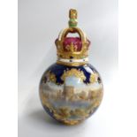 A Royal Worcester 2516 navy blue George V globular jar and crown lid painting of Windsor Castle 16cm
