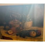 Signed oil G Denar still life depicting copper kettle, wine bottle and fruit.