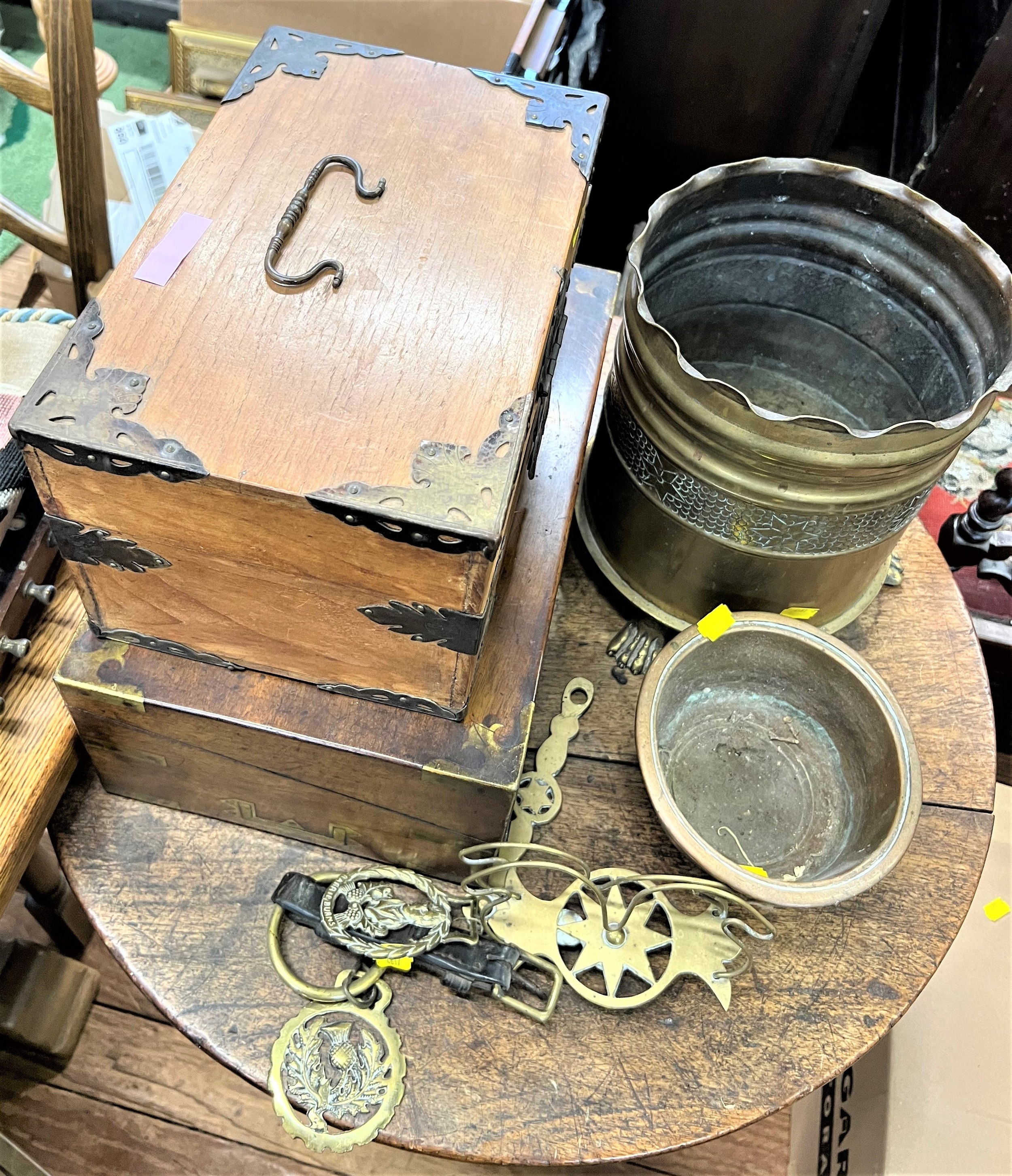 Metal wares and Two Boxes. Late 19th century. (a lot) Provenance 80 Rose Street Wokingham