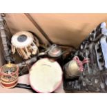 A Collection of Tribal items. Including carvings, drums and metal wares. (a lot) provenance 80