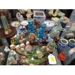 Oriental ceramic items including celadon duck 15cm, pair of turquoise buddistic lions snuff bottles,