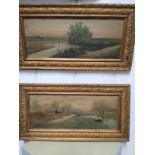 F.W.Blackmore - a pair of oil on board landscapes, both signed, one dated 1908, 14.5cm x 36.5cm,