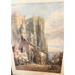 A large Antique coloured print of a European Cathedral. Frame in poor condition.