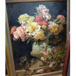 Attractive print on canvas board, summer flowers in an urn on stone ledge and a small bird