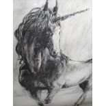 A large Charcoal Drawing of a Unicorn. Framed and glazed.