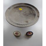 A silver-plate tazza on single foot and two pill boxes. Provenance 80 Rose Street Wokingham.