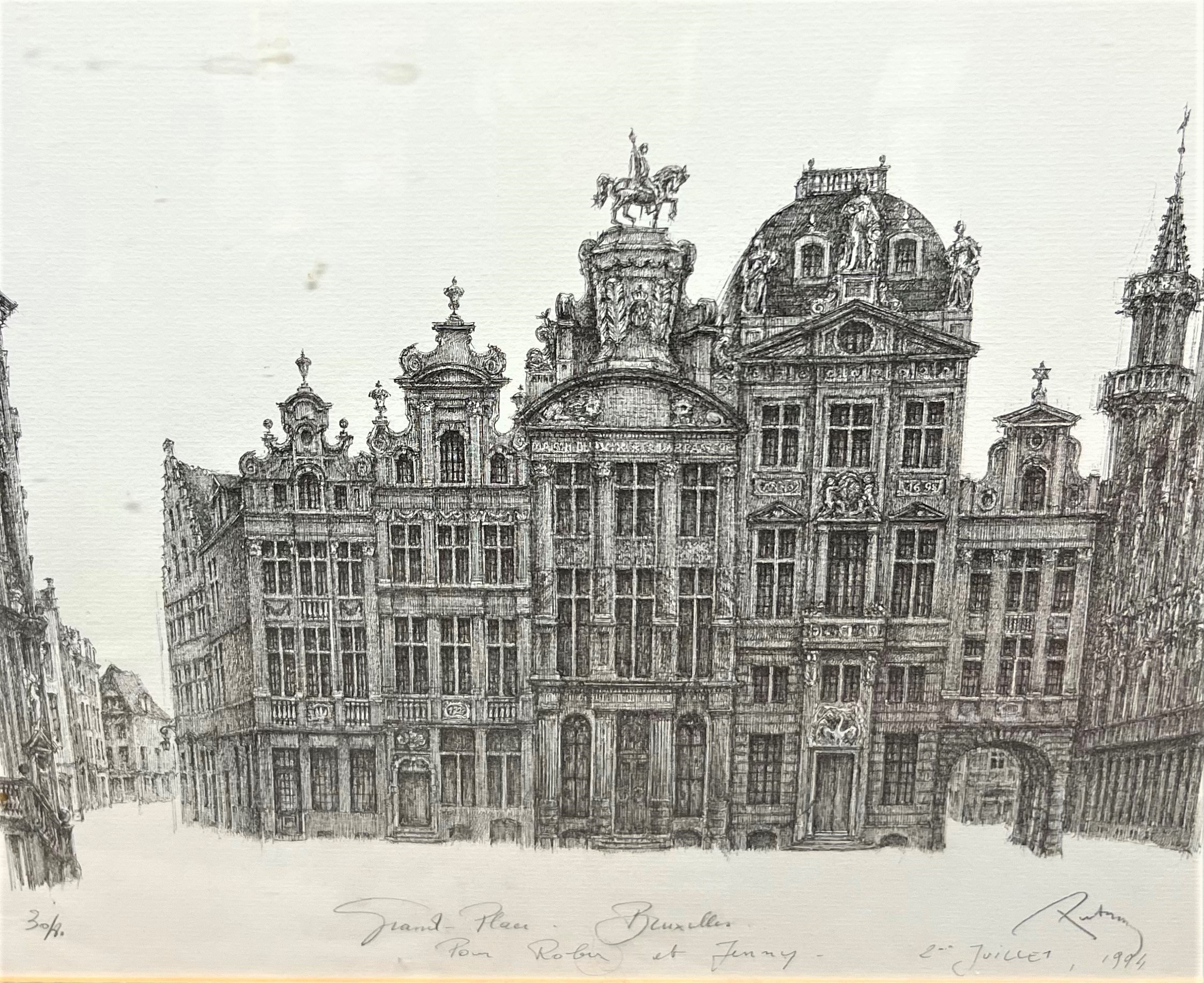 A limited edition print of The grand Plau, Bruxelles. 30/80 indistinctly signed. Framed and Glazed
