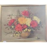 Signed Pamela Davis SWA-RMS (1927-2017). Good quality oil on board of Dahlias and Autumn fruits in a