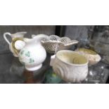 Beleek Shamrock jug and shell jug, both 9.5cm high, shamrock bowl and shell bowl, both 9cm