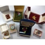A collection of seven various brooches pendants including micro-mosaic, enamel.