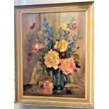 Signed Peggy Barley (Mid 20th Century), oil on canvas, roses in a glass vase.