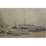 Watercolour. Yachts on a beach. Unsigned. 20th century. 22.5cm x 36cm. Framed and glazed.