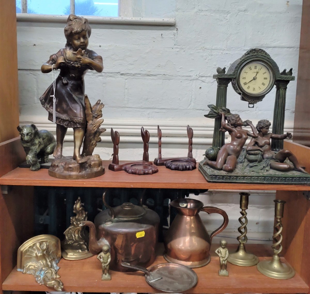 A copper jug and kettle, pair of brass candlesticks 20cm, cast-metal figure of a girl 38cm, other