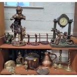 A copper jug and kettle, pair of brass candlesticks 20cm, cast-metal figure of a girl 38cm, other