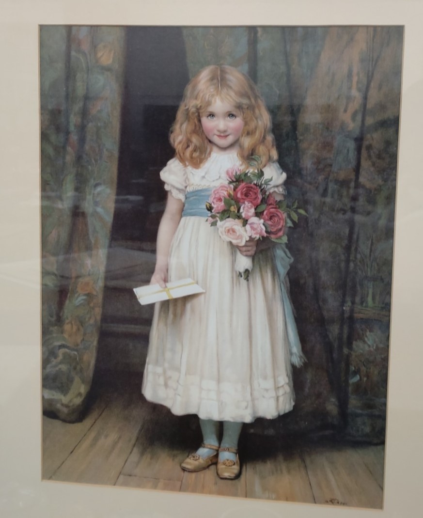 Attractive print of a young girl dressed for a party holding flowers and a card.