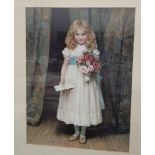 Attractive print of a young girl dressed for a party holding flowers and a card.
