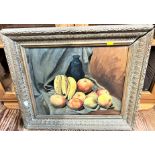 Unsigned still life of fruit and glass vase on a cloth draped over a table.