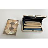 Mother of Pearl calling card case, Mother of Pearl purse, and a Chester 1912 stamp case