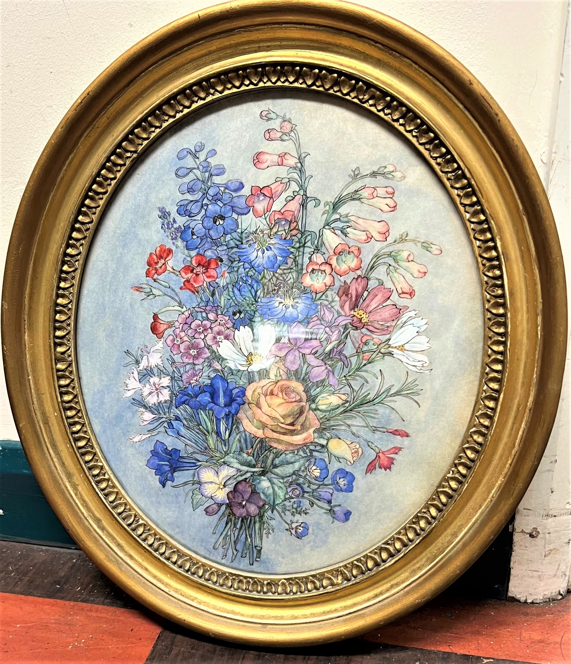 Watercolour. Unsigned. Sprig of flowers. Sprig of flowers. In an oval gilt frame. 31.5cm x 26.5cm.