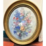 Watercolour. Unsigned. Sprig of flowers. Sprig of flowers. In an oval gilt frame. 31.5cm x 26.5cm.