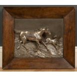 A continental white metal relief with a horse and a foal, initialled BG, 27cm x 23cm, mounted in a