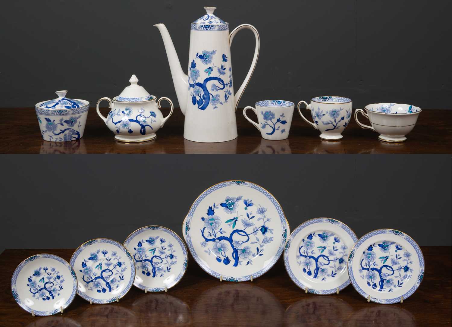 A Royal Grafton Dynasty part tea service with blue and white flower pattern to include teacups,