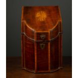 A George III mahogany and stainwood inlaid knife box with a shaped front, interior altered to a