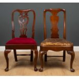 A George II walnut side chair with vase splat, upholstered inset seat, cabriole legs and pad feet