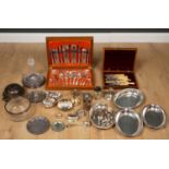 A group of silver and silver plates wares to include a silver rimmed cut glass bowl, a silver rimmed