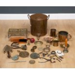 A collection of metalware to include a copper hot water bin, a Manchester City Police Hudson & Co