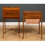 An Edwardian painted satinwood dome topped box on stand with narrow square tapering legs united by