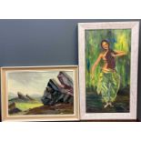 Grippo A woman dancing, oil on canvas, signed lower right, framed, 39.5cm x 75.5cm together with The