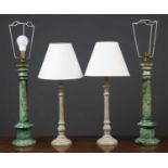 A pair of green turned marble table lamps on circular bases, 47cm high excluding fittings together