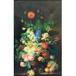 20th century English school still life of fruit and flowers, unsigned, oil on board, framed, 29.