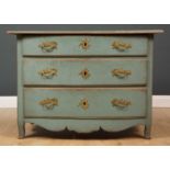 An antique French blue painted bow fronted chest of three drawers with carved apron and bronze