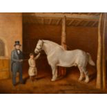 19th century English school, A Gentleman, a Groom and his horse in a stable, oil on canvas,