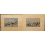 In the manner of William Henry Vernon a pair of watercolours, an old bridge and a beach house,