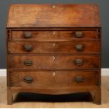 A Georgian mahogany bureau, the fall front and four drawers raised on bracket feet, 102cm wide x