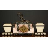A French art deco marble garniture clock mounted with a spelter figurine of a dancing lady, the