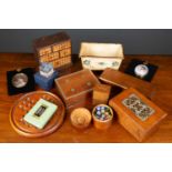 A group of games boxes comprising a hinged lidded box with metal decorative inlaid panel, 17cm